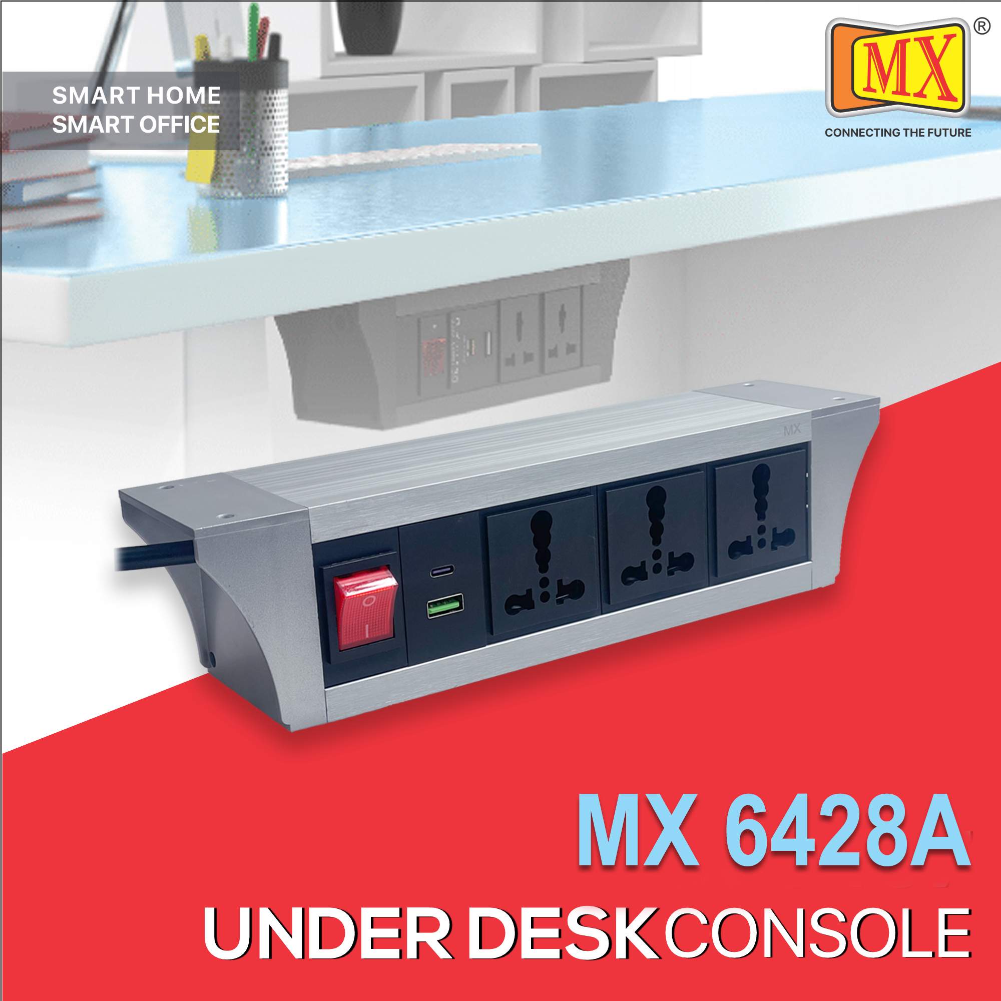 MX PDU Under table 6/16 Amps 3 Universal Socket | 2 USB (2.4 Amp) with 30W PD Charger | Dual Pole LED Indicator Switch | 16 Amps Heavy Duty Cord 1.5 Meter with ISI Marked, Aluminium Body Material(MX 6428A-1.5M Silver)