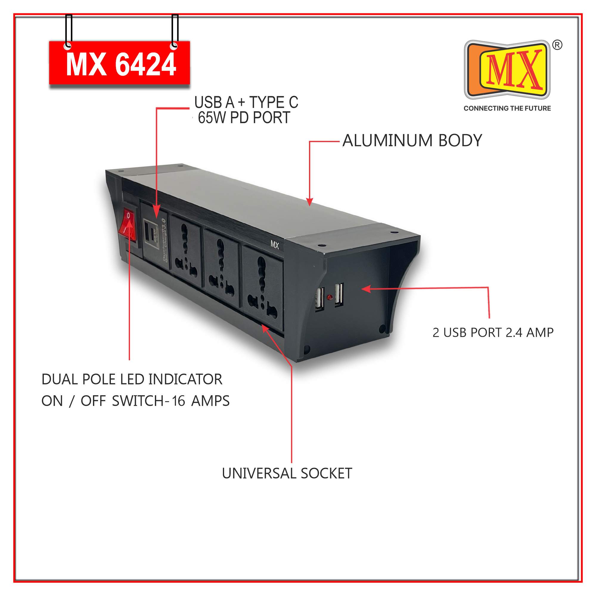 MX PDU Under table 6/16 Amps 3 Universal Socket | 2 USB (2.4 Amp) with 65W PD Charger | Dual Pole LED Indicator Switch | 16 Amps Heavy Duty Cord 1.5 Meter with ISI Marked, Aluminium Body Material(MX 6424-1.5M Black)