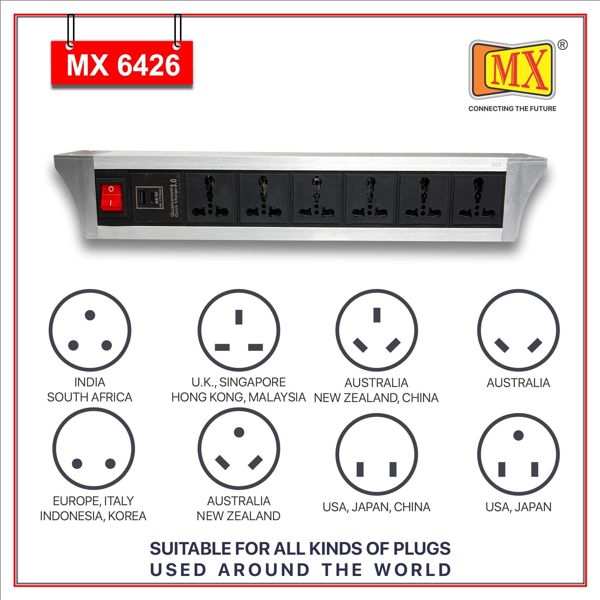 MX PDU Under table 6/16 Amps 6 Universal Socket | 2 USB (2.4 Amp) with 65W PD Charger | Dual Pole LED Indicator Switch | 16 Amps Heavy Duty Cord 5 Meter with ISI Marked, Aluminium Body Material(MX 6426-5M Silver)