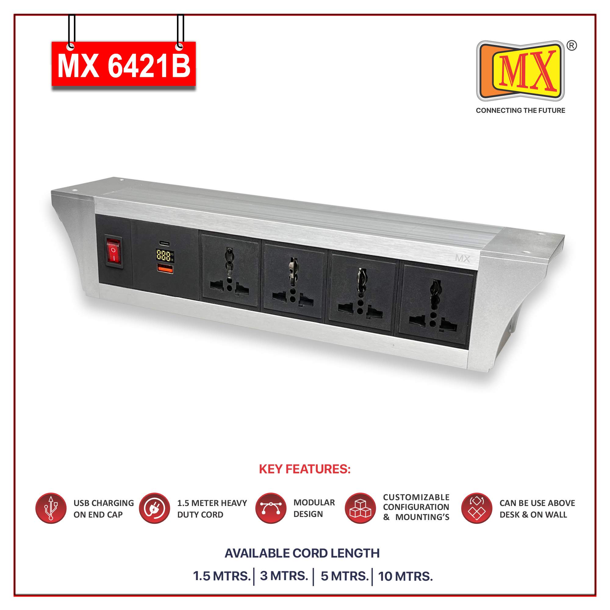 MX PDU Under table 6/13 Amps 4 Universal Socket | 2 USB (2.4 Amp) with 30W PD Charger With Display | Dual Pole LED Indicator Switch | 6 Amps Heavy Duty Cord 10 Meter with ISI Marked, Aluminium Body Material(MX 6421B-10M Silver)