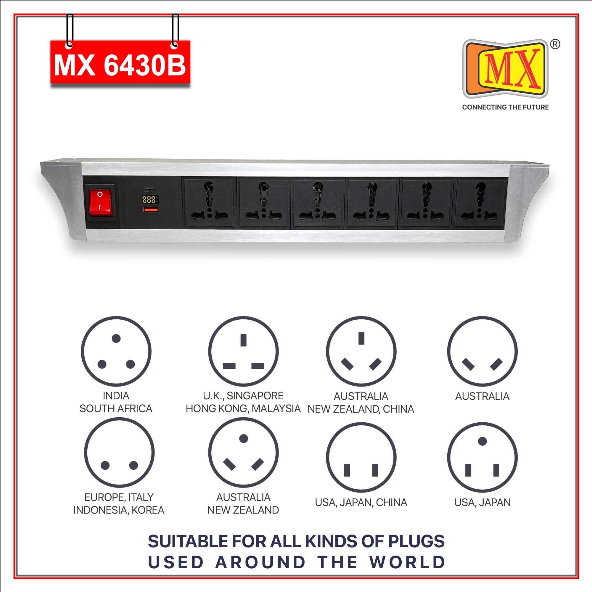 MX PDU Under table 6/16 Amps 6 Universal Socket | 2 USB (2.4 Amp) with 30W PD Charger With Display | Dual Pole LED Indicator Switch | 16 Amps Heavy Duty Cord 10 Meter with ISI Marked, Aluminium Body Material(MX 6430B-10M Silver)