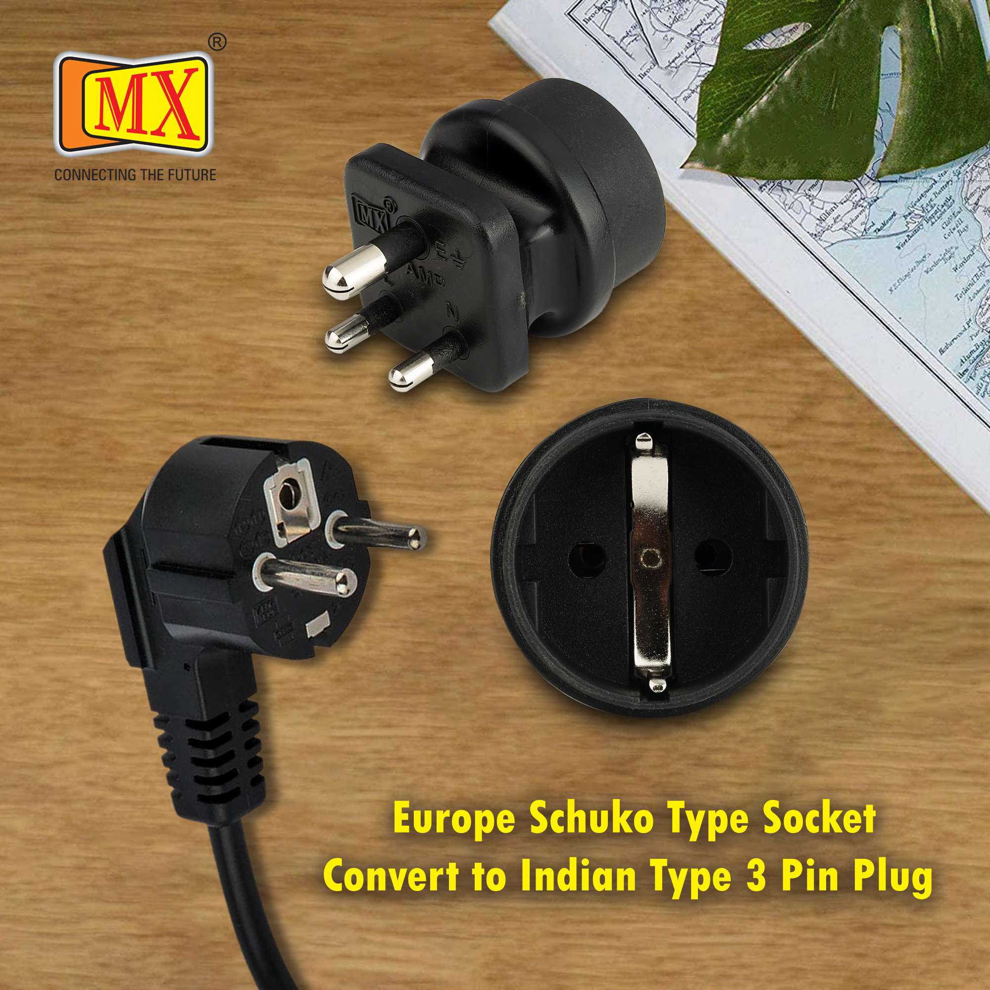 MX European (Schuko) to India Plug Adapter 15 Amp- Convert European Type E/F Input to India Type M Three Prong Output Connection, Black Pack of 2