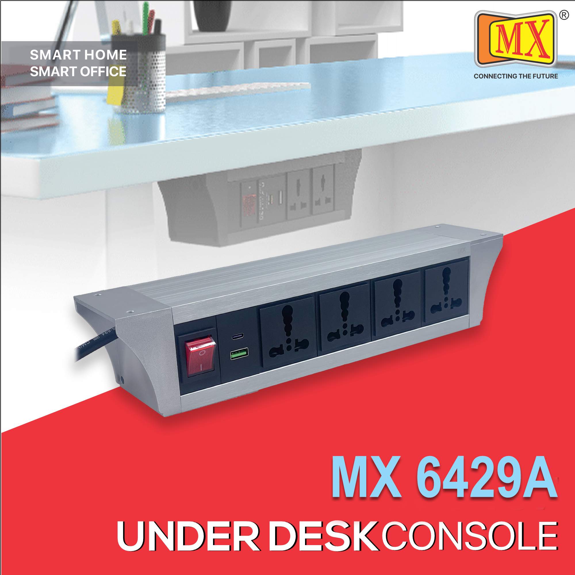 MX PDU Under table 6/16 Amps 4 Universal Socket | 2 USB (2.4 Amp) with 30W PD Charger | Dual Pole LED Indicator Switch | 16 Amps Heavy Duty Cord 10 Meter with ISI Marked, Aluminium Body Material(MX 6429A-10M Silver)